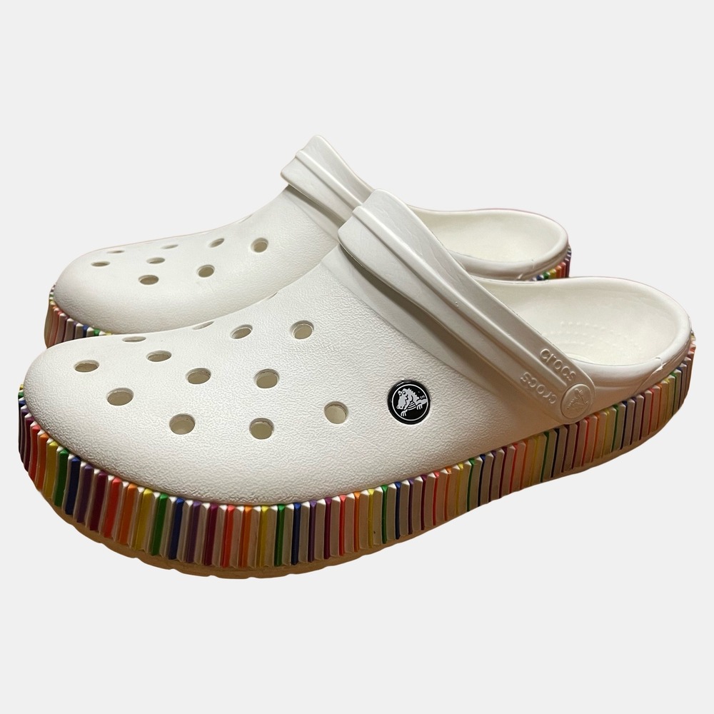 Crocs Crocband Platform Clogs White Rainbow Stripe Mens 10 Womens 12 205634
